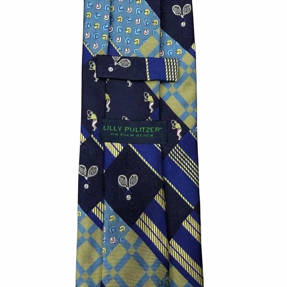 Lilly Pulitzer Palm Beach Patchwork Tie Tennis Players Rackets Silk 3 3/8